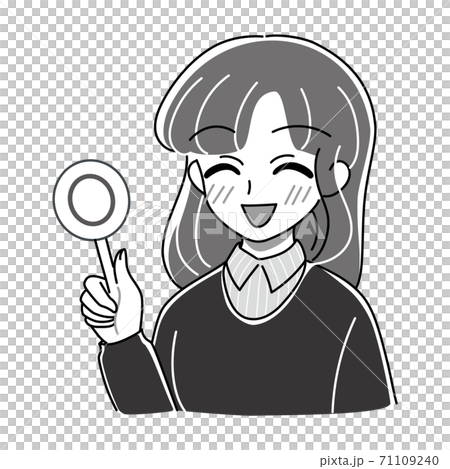 ベクター 丸のパネルを掲げる笑顔のお姉さんのイラスト まる 正解 モノクロのイラスト素材