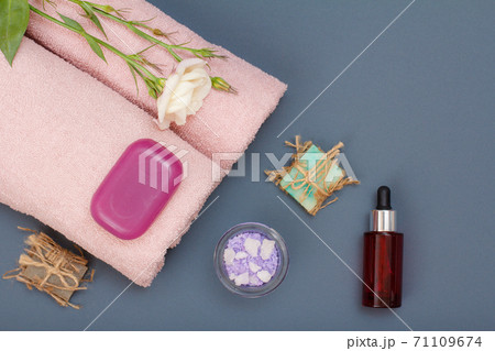 Spa products for facial and body care. Sea salt, homemade soap and oil. Spa products for facial and body care. Sea salt, homemade soap and oil. 71109674