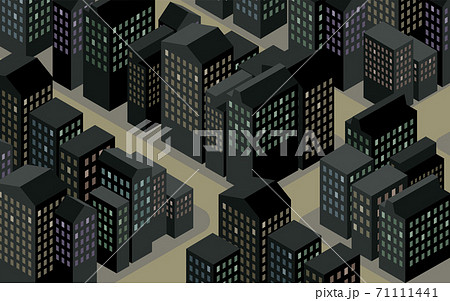 街の風景素材 夜のビジネス街 アイソメトリックのイラスト素材