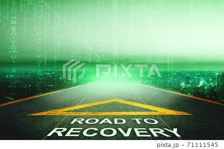 Road to recovery for techonolgy and computer concept with green IT coding city background. 71111545