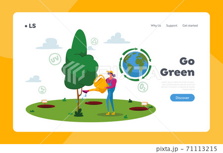 Forest Restoration, Reforestation and Planting New Trees Landing Page Template. Woman Volunteer Character Care of Plant 71113215