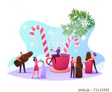 Tiny Male or Female Characters around Huge Cup and Candy Canes Create and Eating Chocolate Santa Sweet Christmas Dessert 71113283