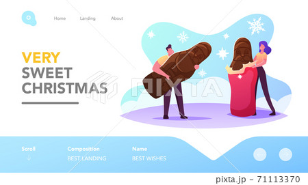 Christmas Sweet Dessert Landing Page Template. Tiny Characters Unwrapping and Eating Huge Chocolate Santa Xmas Treat Christmas Sweet Dessert Landing Page Template. Tiny Characters Unwrapping and Eating Huge Chocolate Santa Xmas Treat 71113370