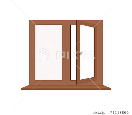 Brown window frame with one half open. Wooden window pane 71113866