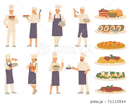 Vector set of delicious dishes and tiny professional chefs preparing food Vector set of delicious dishes and tiny professional chefs preparing food 71113934