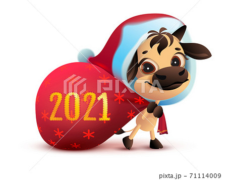 2021 is year of white bull. Funny santa goby carries bag of gifts 71114009