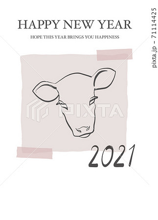 クラフト紙に筆ペンで書いた牛イラストをマスキングテープで貼った雰囲気の21年の年賀状 ベージュ のイラスト素材