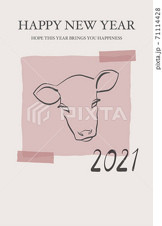 クラフト紙にペンで書いた牛のイラストをマスキングテープで貼った雰囲気の21年の年賀状 ピンク のイラスト素材
