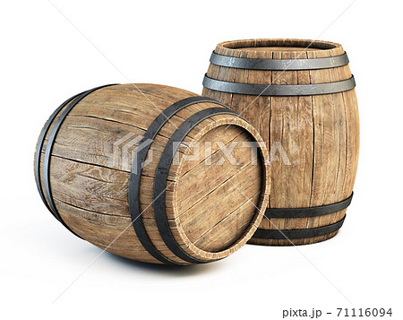 Two wooden barrels isolated on white background 3d illustration Two wooden barrels isolated on white background 3d illustration 71116094