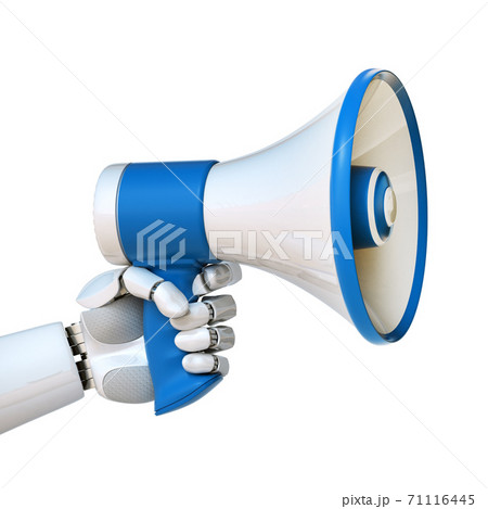 Robot hand holding loudspeaker, android with megaphone, tech advertisement concept 3d rendering 71116445
