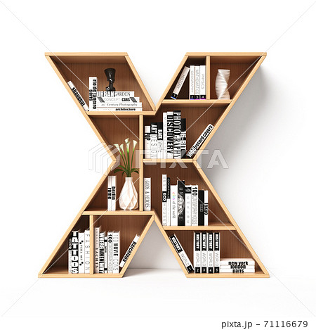 Bookshelves 3d font. Alphabet in the form of book shelves. Mockup font, 3d rendering. Letter X 71116679