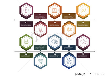 Infographic Medical template. Icons in different colors. Include Venerology, Anesthesiology, Oncology, Gynecology and others. Infographic Medical template. Icons in different colors. Include Venerology, Anesthesiology, Oncology, Gynecology and others. 71116955