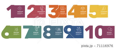 Infographic Medical template. Icons in different colors. Include Venerology, Anesthesiology, Oncology, Gynecology and others. 71116976
