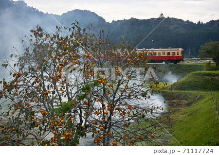 千葉県　野焼きの煙漂う秋の里山　上総大久保駅　小湊鉄道 71117724