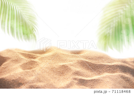 Summer sand dune with  empty space for product display and blured coconut palm leaves as frame is on white background Montage of summer relaxation background 71118468