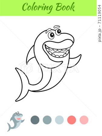 Coloring page happy shark. Coloring book for kids. Educational activity for preschool years kids and toddlers with cute animal. Flat cartoon colorful vector illustration. Coloring page happy shark. Coloring book for kids. Educational activity for preschool years kids and toddlers with cute animal. Flat cartoon colorful vector illustration. 71119054
