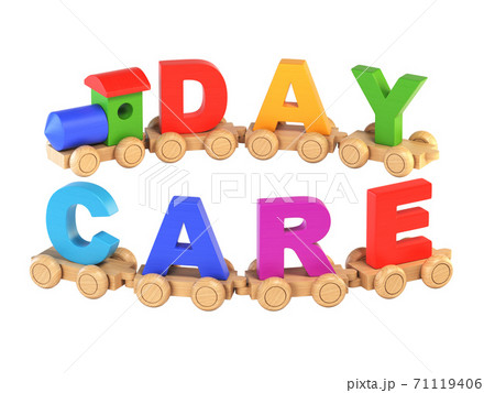 Wooden toy train with DAY CARE letters as railroad cars 3d rendering 71119406