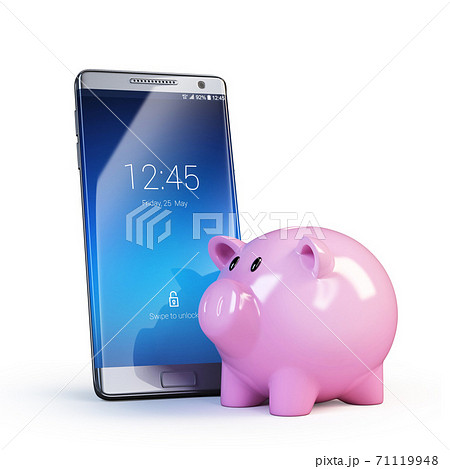 Piggy bank next to mobile phone, online banking concept, 3d rendering Piggy bank next to mobile phone, online banking concept, 3d rendering 71119948