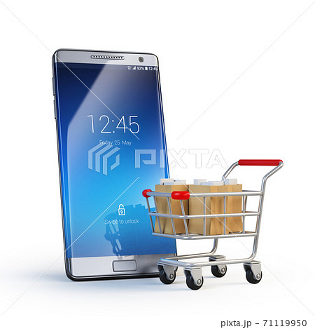 Shopping cart next to mobile phone, online shopping concept, 3d rendering Shopping cart next to mobile phone, online shopping concept, 3d rendering 71119950