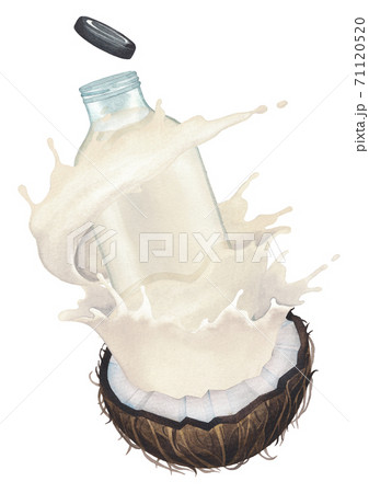 Watercolor milk stream with flowing around the glass bottle from the sliced coconut Watercolor milk stream with flowing around the glass bottle from the sliced coconut 71120520