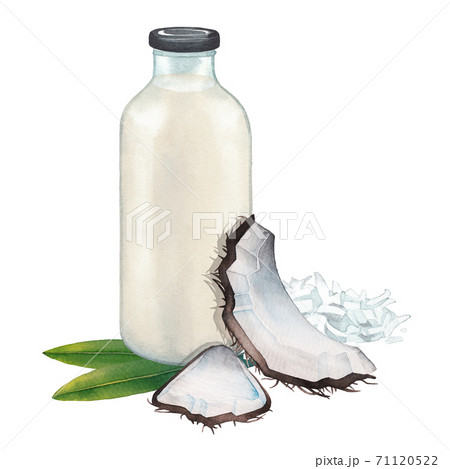 Watercolor glass bottle of the plant based milk surrounded by coconuts, leaves and flakes Watercolor glass bottle of the plant based milk surrounded by coconuts, leaves and flakes 71120522