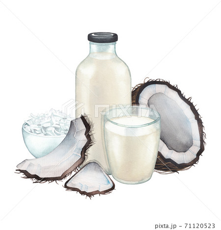 Watercolor glass and bottle of the plant based milk surrounded by coconuts and flakes Watercolor glass and bottle of the plant based milk surrounded by coconuts and flakes 71120523