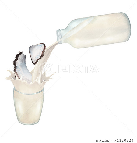 Watercolor plant based milk pouring out from the glass bottle into the cup with a splashes and decorated with coconuts Watercolor plant based milk pouring out from the glass bottle into the cup with a splashes and decorated with coconuts 71120524