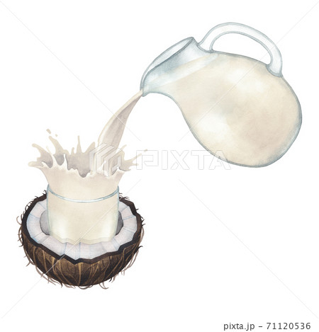 Watercolor plant based coconut milk pouring out from the glass jug into the cup Watercolor plant based coconut milk pouring out from the glass jug into the cup 71120536