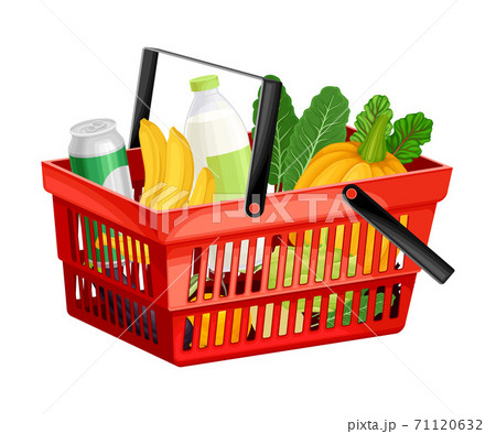 Plastic Shopping Basket Full of Food and Products from Grocery Market Vector Illustration 71120632