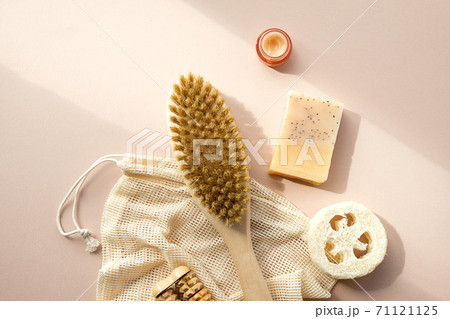 Eco-friendly beauty products, natural organic bathroom tools. No Plastic free life. Ecological skin care, body treatment concept. Conscious Minimalism Vegan Lifestyle. Reduce Reuse Recycle. 71121125