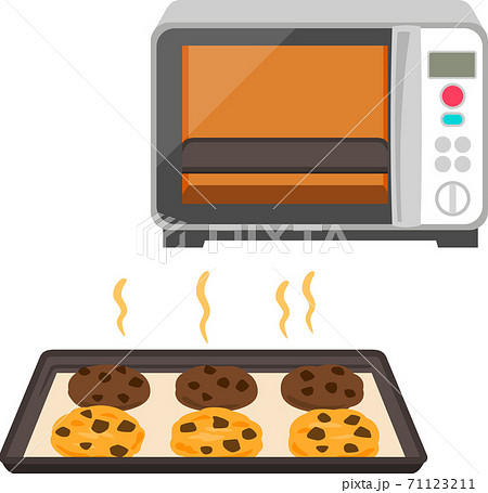 天板の上のチョコチップクッキーとオーブンのイラスト素材