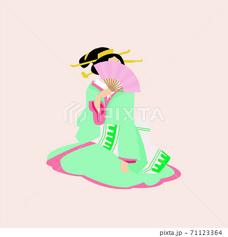 桃色の扇で顔を隠す緑色の着物を着た芸者 やさしい春色の浮世絵風イラスト のイラスト素材