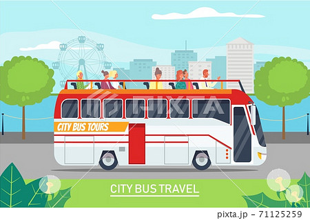 Tour excursion, tourist journey by bus, vector illustration. Flat people in tourism trip, holiday travel in city. Man woman traveler character Tour excursion, tourist journey by bus, vector illustration. Flat people in tourism trip, holiday travel in city. Man woman traveler character 71125259