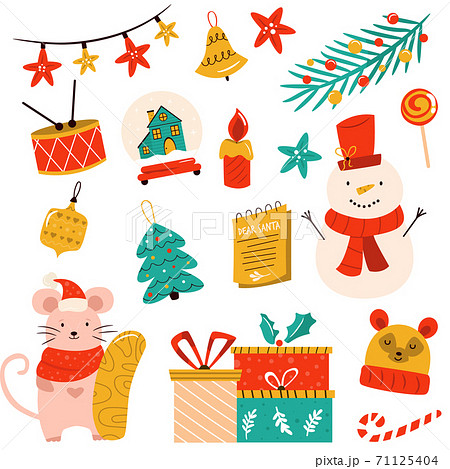 Holiday set with cute characters and decorative Christmas elements. Festive vector illustrations Holiday set with cute characters and decorative Christmas elements. Festive vector illustrations 71125404