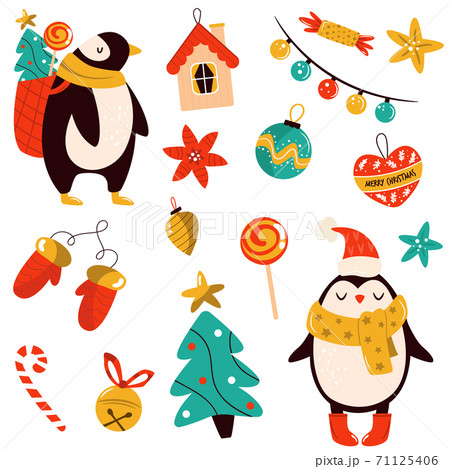 Holiday set with cute penguins and decorative Christmas elements. Festive vector illustrations Holiday set with cute penguins and decorative Christmas elements. Festive vector illustrations 71125406