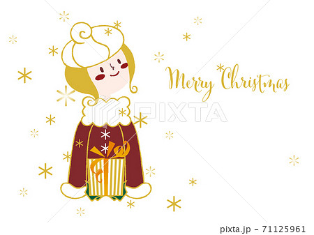 クリスマスカード Merry Christmas 金色に輝く雪とプレゼントと女の子 コート赤 背景白のイラスト素材