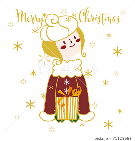 クリスマスカード Merry Christmas 輝く雪とプレゼントと赤いコートの女の子 白 正方形のイラスト素材