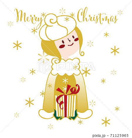 クリスマスカード Merry Christmas 輝く雪とプレゼントと金色コートの女の子 白 正方形のイラスト素材