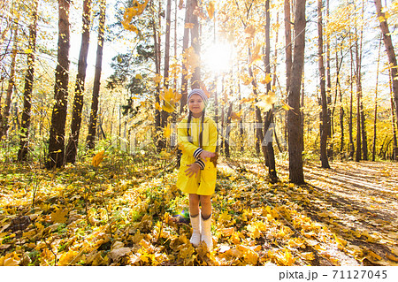Child plays with Jack Russell Terrier in autumn forest. Autumn walk with a dog, children and pet concept. 71127045
