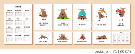 Vector set of 2021 pocket calendars. Vertical and horizontal format. Chinese New Year symbol. Happy smiling ox, bull, cow. Week starts on Sunday. Creative drawn font. Lettering phrase. Design concept 71130878