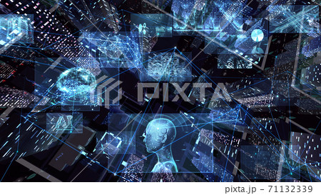 デジタル 通信 ネットワーク テクノロジー 都市 街 データ ビル 建物 オフィス ビジネス 背景  71132339