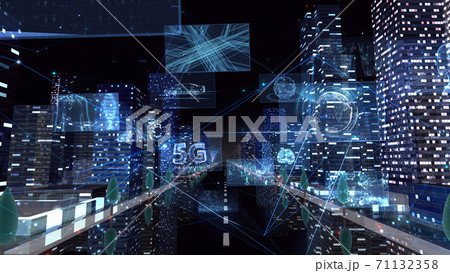 デジタル 通信 ネットワーク テクノロジー 都市 街 データ ビル 建物 オフィス ビジネス 背景  71132358