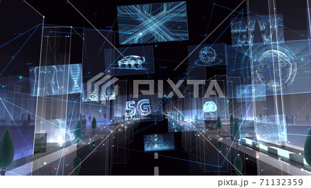 デジタル 通信 ネットワーク テクノロジー 都市 街 データ ビル 建物 オフィス ビジネス 背景  71132359