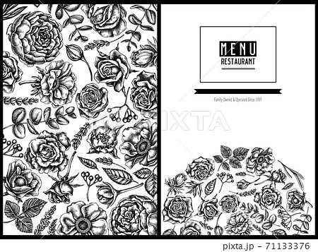 Menu cover floral design with black and white roses, anemone, eucalyptus, lavender, peony, viburnum Menu cover floral design with black and white roses, anemone, eucalyptus, lavender, peony, viburnum 71133376