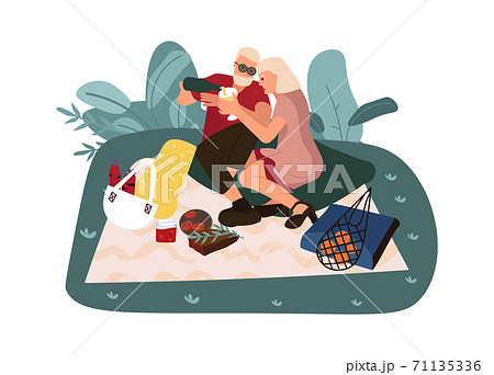 Adult couple eating outdoors and spending time together. Man and woman relaxing in park. People at picnic sitting on grass, romantic date in nature. Vector weekend flat illustration 71135336