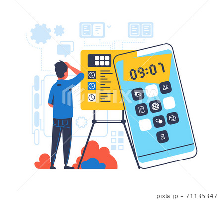 Deadline concept. Freelance or office worker in stress. Man and blackboard with goals and clock on phone screen. Nervous male before giving work. Vector time management application 71135347