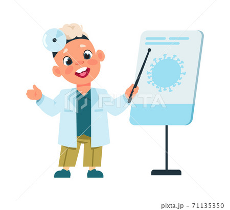 Cute kid doctor. Cartoon boy in white medical suit with pointer at blackboard talking about virus. Hospital consultation, medicine and healthcare advertising. Vector clinic illustration Cute kid doctor. Cartoon boy in white medical suit with pointer at blackboard talking about virus. Hospital consultation, medicine and healthcare advertising. Vector clinic illustration 71135350