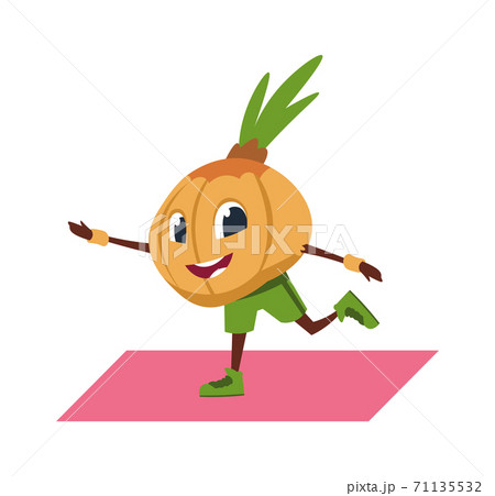 Cartoon onion character doing yoga. Pilates and aerobics training, sport exercises on gymnastic mat. Vegetable mascot, greengrocer or gym advertising template. Vector fitness illustration 71135532