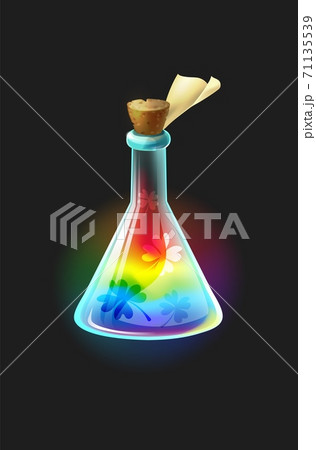 Magic elixir. Flask with tag, rainbow liquid with quatrefoil, luck potion. Alchemist substance, fairy tales drink. Computer video game magical beverage, vector wizardry illustration Magic elixir. Flask with tag, rainbow liquid with quatrefoil, luck potion. Alchemist substance, fairy tales drink. Computer video game magical beverage, vector wizardry illustration 71135539