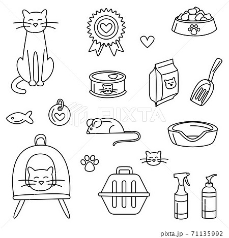 Pet store for cats set black and white. Vector illustration doodles 71135992